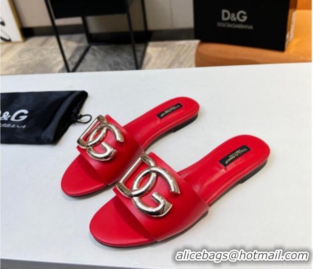 New Design Dolce & Gabbana Leather Flat Slide Sandals with DG Logo Red 215099