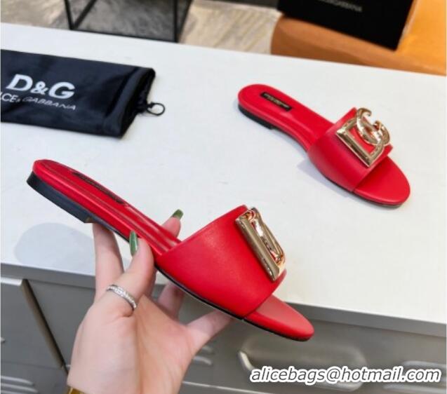 New Design Dolce & Gabbana Leather Flat Slide Sandals with DG Logo Red 215099