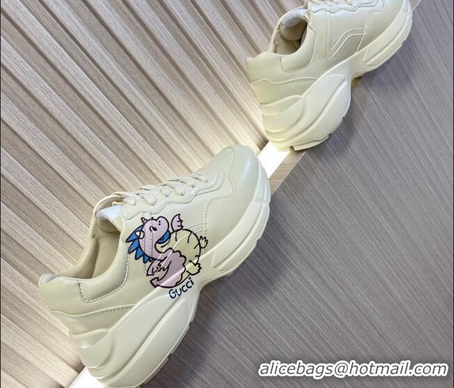 Good Taste Gucci Rhyton 2024s Chinese New Year Sneaker in White Leather Pink Dragon 105093