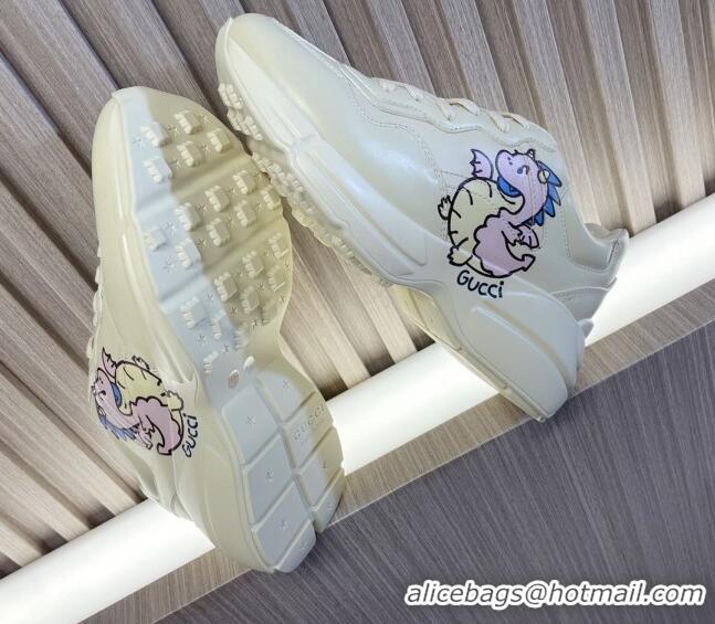 Good Taste Gucci Rhyton 2024s Chinese New Year Sneaker in White Leather Pink Dragon 105093