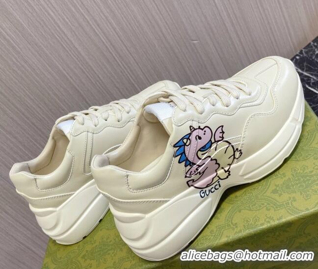 Good Taste Gucci Rhyton 2024s Chinese New Year Sneaker in White Leather Pink Dragon 105093