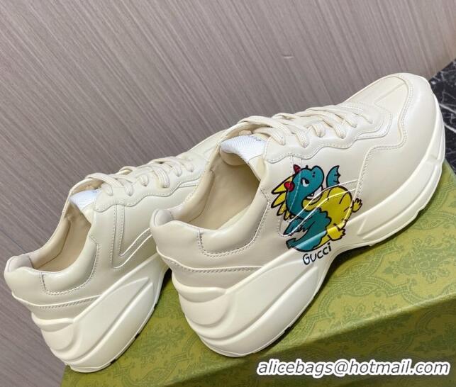 Unique Style Gucci Rhyton 2024s Chinese New Year Sneaker in White Leather Green Dragon 105094