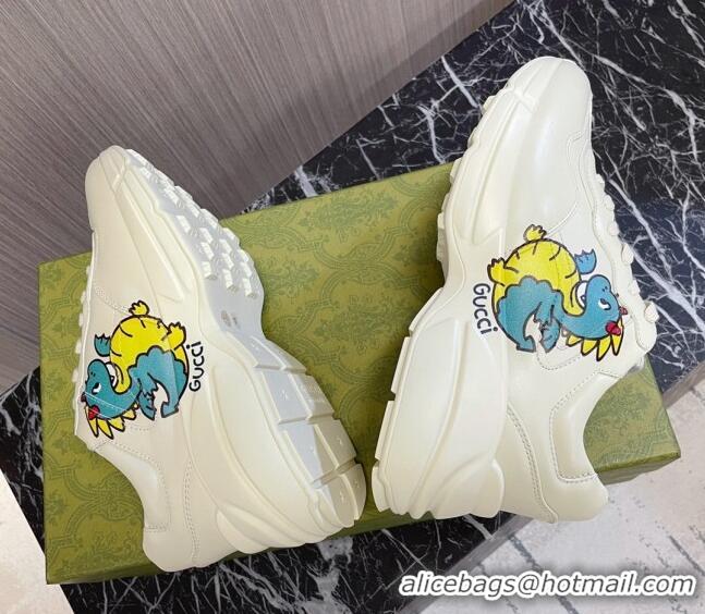 Unique Style Gucci Rhyton 2024s Chinese New Year Sneaker in White Leather Green Dragon 105094