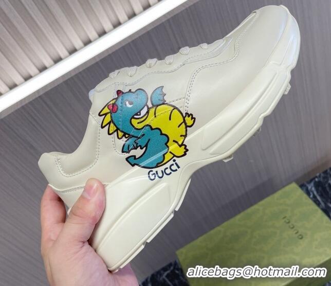 Unique Style Gucci Rhyton 2024s Chinese New Year Sneaker in White Leather Green Dragon 105094