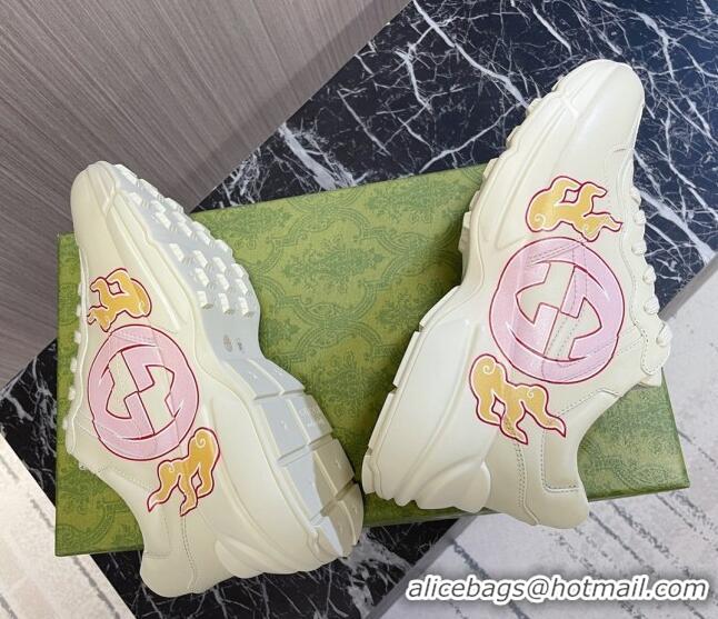 Duplicate Gucci Rhyton 2024s Chinese New Year Sneaker with Interlocking G White/Pink 105095