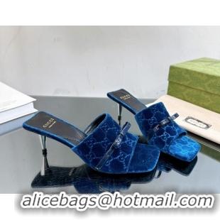 Top Quality Gucci GG Velvet Heel Slide Sandals 5.5cm Blue 0105098