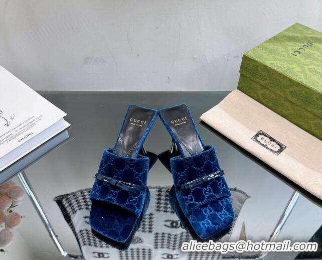 Top Quality Gucci GG Velvet Heel Slide Sandals 5.5cm Blue 0105098