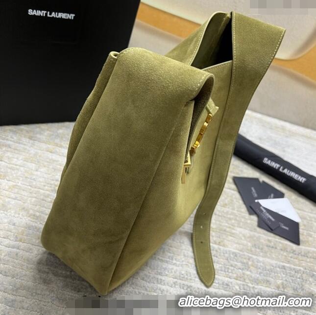 Promotional Saint Laurent LE 5 À 7 Supple Large Bucket Bag in Suede 753837 Green 2023