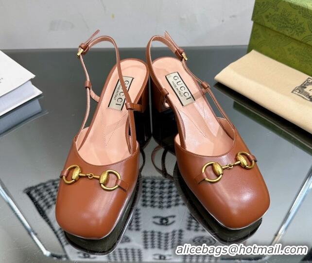 Unique Style Gucci Leather Horsebit Slingback Pumps 771601 Brown