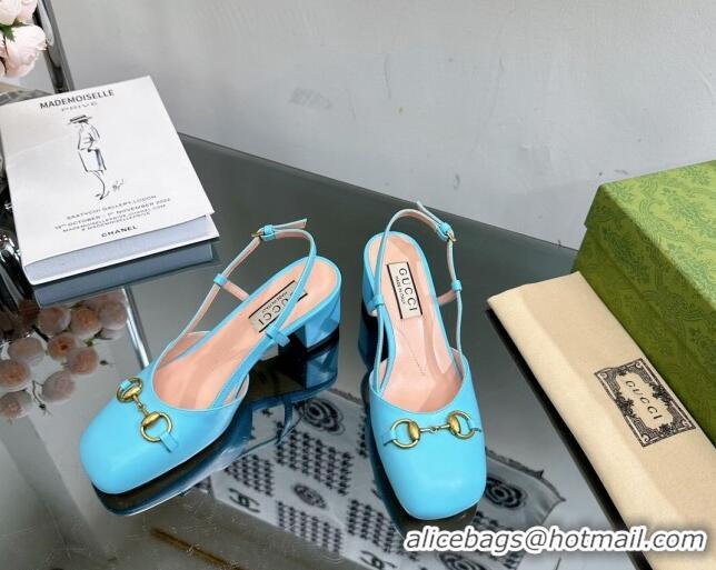 Perfect Gucci Leather Horsebit Slingback Pumps 771601 Light Blue