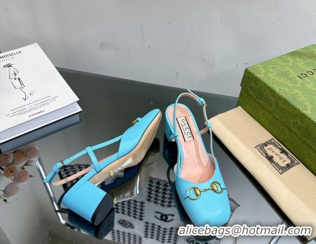 Perfect Gucci Leather Horsebit Slingback Pumps 771601 Light Blue