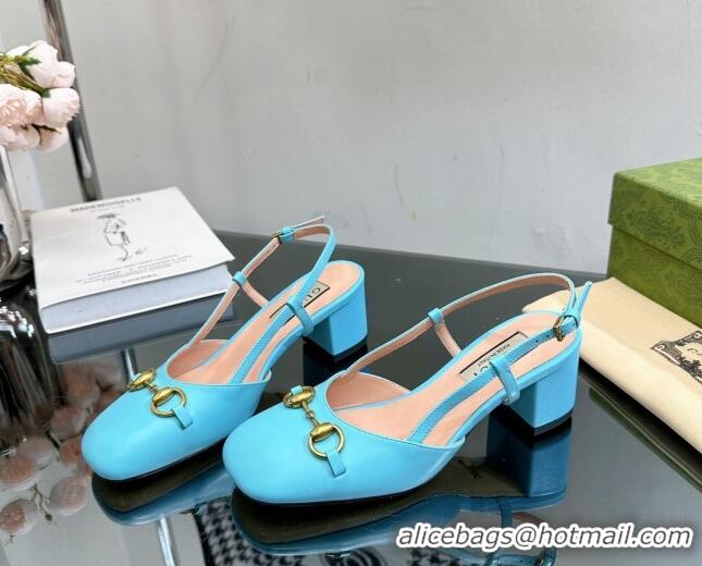 Perfect Gucci Leather Horsebit Slingback Pumps 771601 Light Blue