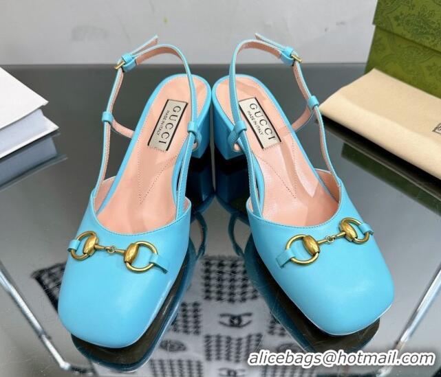 Perfect Gucci Leather Horsebit Slingback Pumps 771601 Light Blue