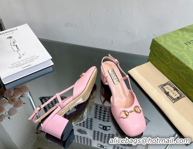 Top Grade Gucci Leather Horsebit Slingback Pumps 771601 Light Pink