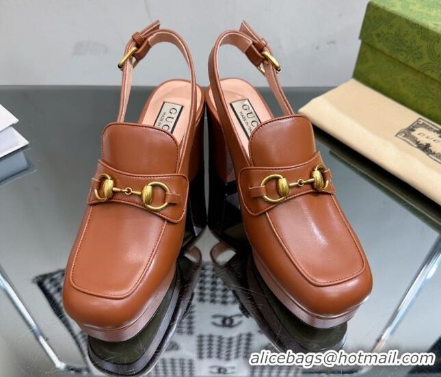 Best Grade Gucci Leather Horsebit Slingback Pumps 8.5cm 771566 Brown