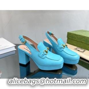 Most Popular Gucci Leather Horsebit Slingback Pumps 8.5cm 771566 Light Blue