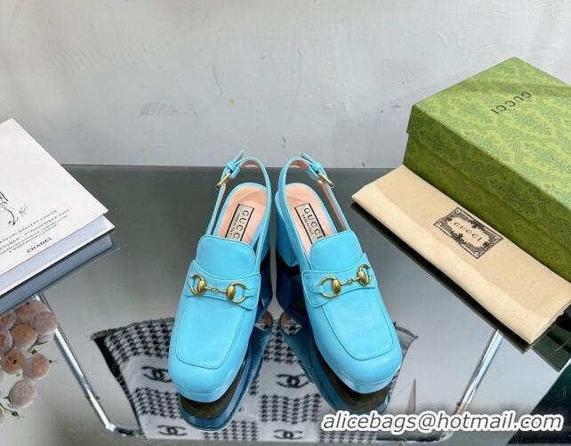 Most Popular Gucci Leather Horsebit Slingback Pumps 8.5cm 771566 Light Blue