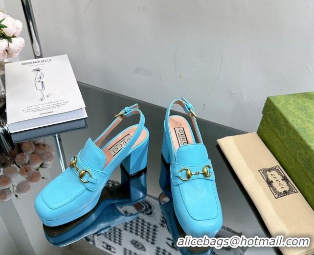 Most Popular Gucci Leather Horsebit Slingback Pumps 8.5cm 771566 Light Blue