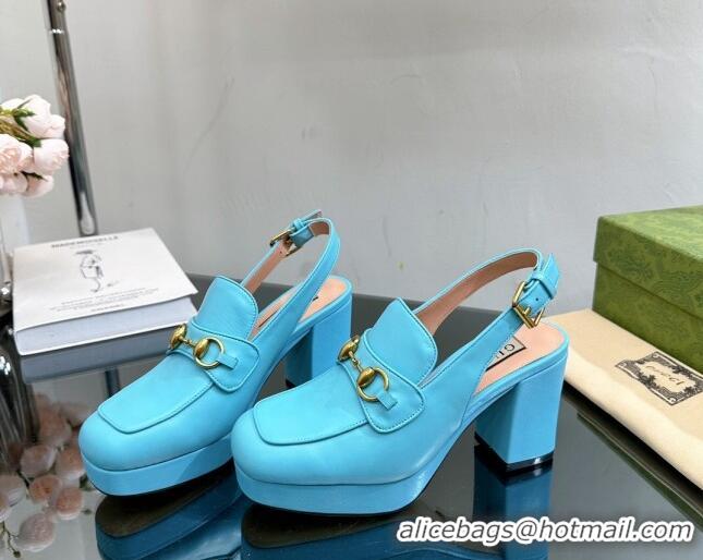 Most Popular Gucci Leather Horsebit Slingback Pumps 8.5cm 771566 Light Blue