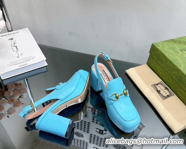 Most Popular Gucci Leather Horsebit Slingback Pumps 8.5cm 771566 Light Blue