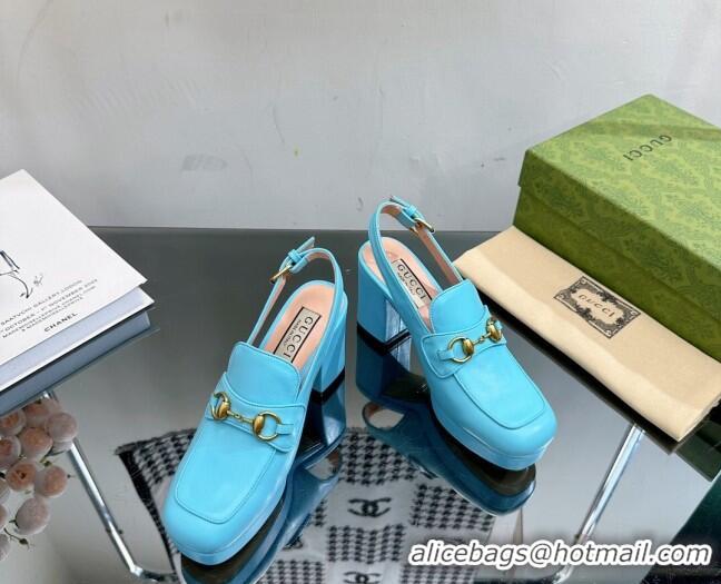 Most Popular Gucci Leather Horsebit Slingback Pumps 8.5cm 771566 Light Blue