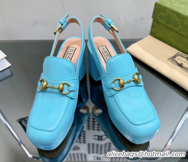 Most Popular Gucci Leather Horsebit Slingback Pumps 8.5cm 771566 Light Blue