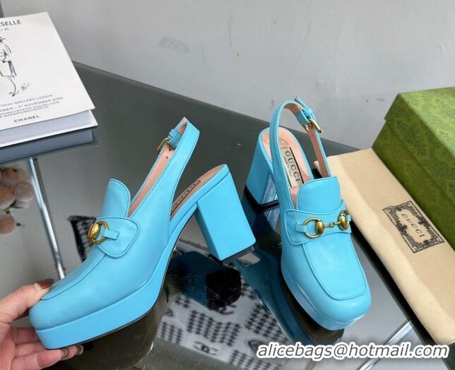 Most Popular Gucci Leather Horsebit Slingback Pumps 8.5cm 771566 Light Blue