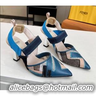 Purchase Fendi Colibri Slingback Pumps 8.5cm in Blue Leather and Canvas with Studs 0106072