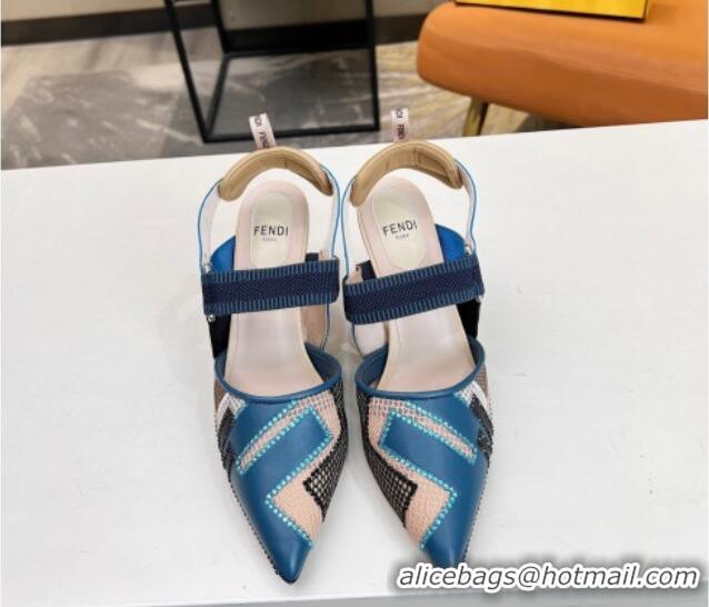 Purchase Fendi Colibri Slingback Pumps 8.5cm in Blue Leather and Canvas with Studs 0106072