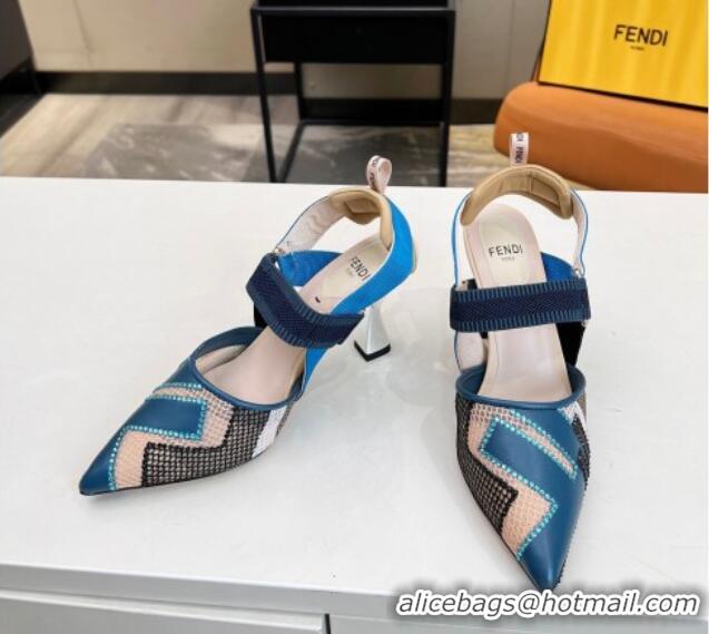 Purchase Fendi Colibri Slingback Pumps 8.5cm in Blue Leather and Canvas with Studs 0106072