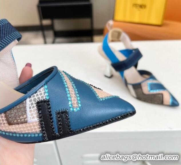 Purchase Fendi Colibri Slingback Pumps 8.5cm in Blue Leather and Canvas with Studs 0106072