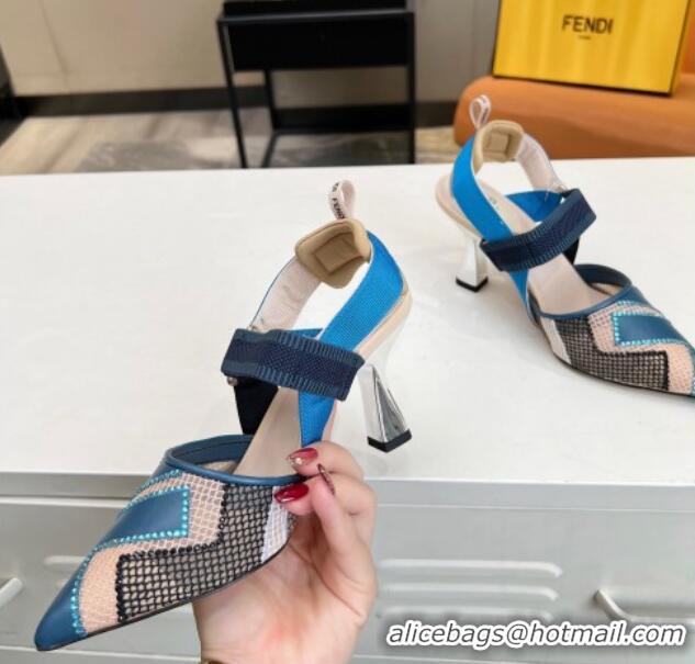 Purchase Fendi Colibri Slingback Pumps 8.5cm in Blue Leather and Canvas with Studs 0106072