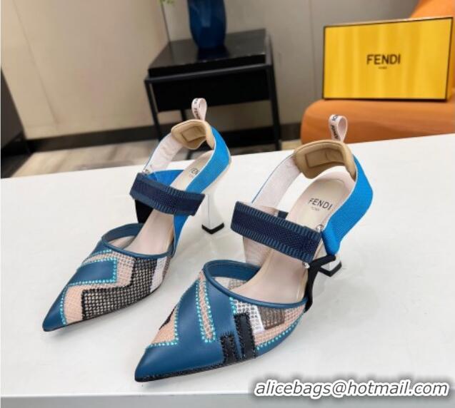 Purchase Fendi Colibri Slingback Pumps 8.5cm in Blue Leather and Canvas with Studs 0106072