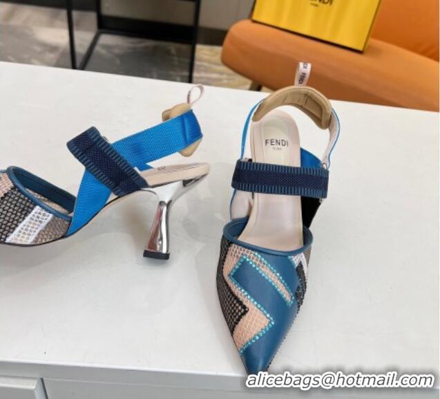 Purchase Fendi Colibri Slingback Pumps 8.5cm in Blue Leather and Canvas with Studs 0106072