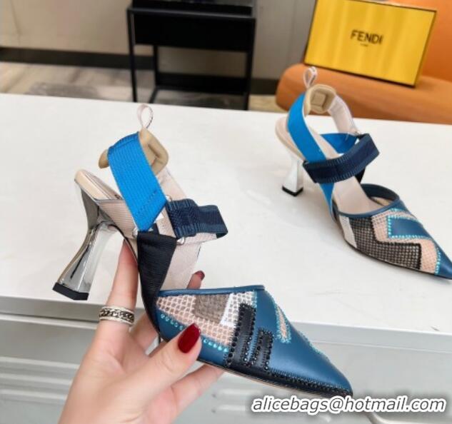 Purchase Fendi Colibri Slingback Pumps 8.5cm in Blue Leather and Canvas with Studs 0106072