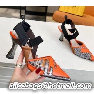 Durable Fendi Colibri Slingback Pumps 8.5cm in Orange Leather and Canvas with Studs 0106073