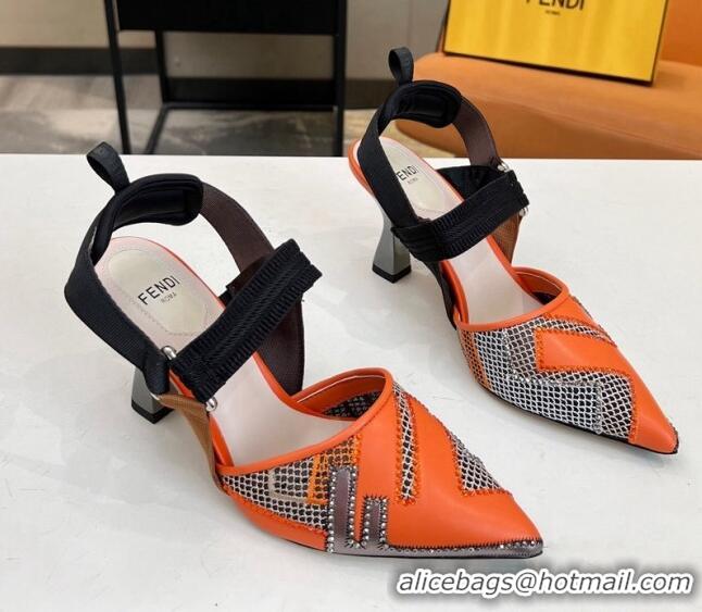 Durable Fendi Colibri Slingback Pumps 8.5cm in Orange Leather and Canvas with Studs 0106073