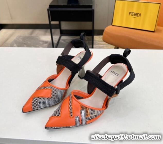 Durable Fendi Colibri Slingback Pumps 8.5cm in Orange Leather and Canvas with Studs 0106073