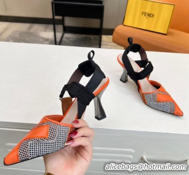 Durable Fendi Colibri Slingback Pumps 8.5cm in Orange Leather and Canvas with Studs 0106073