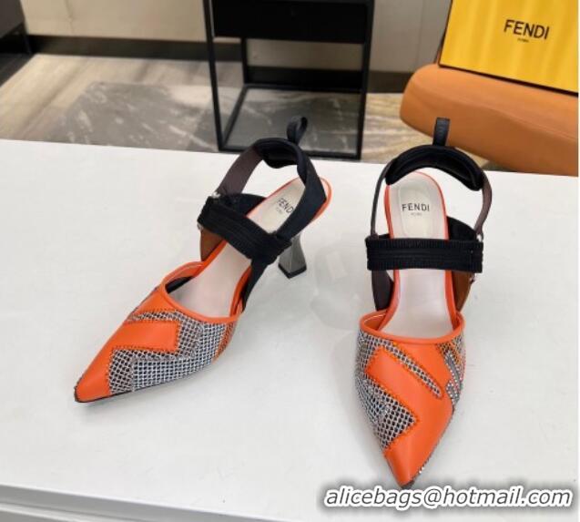 Durable Fendi Colibri Slingback Pumps 8.5cm in Orange Leather and Canvas with Studs 0106073