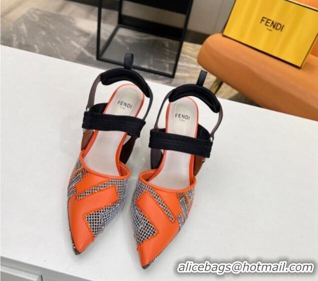 Durable Fendi Colibri Slingback Pumps 8.5cm in Orange Leather and Canvas with Studs 0106073