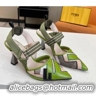 Charming Fendi Colibri Slingback Pumps 8.5cm in Green Leather and Canvas with Studs 0106074