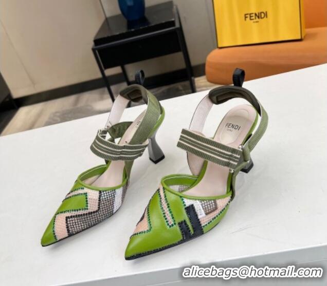 Charming Fendi Colibri Slingback Pumps 8.5cm in Green Leather and Canvas with Studs 0106074