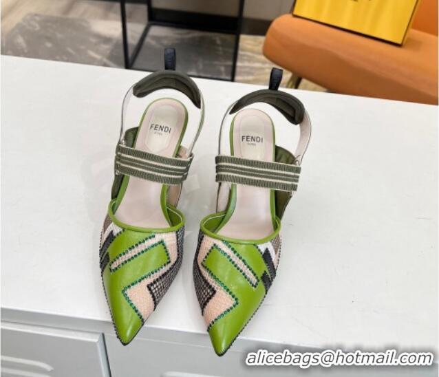 Charming Fendi Colibri Slingback Pumps 8.5cm in Green Leather and Canvas with Studs 0106074