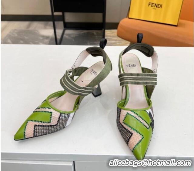 Charming Fendi Colibri Slingback Pumps 8.5cm in Green Leather and Canvas with Studs 0106074