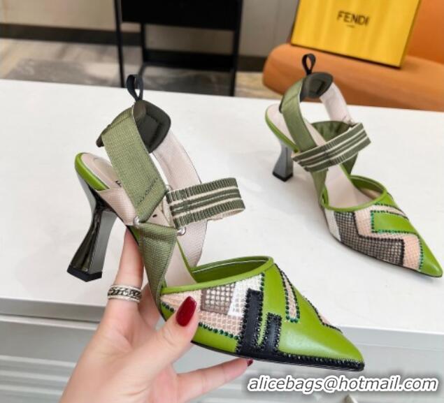 Charming Fendi Colibri Slingback Pumps 8.5cm in Green Leather and Canvas with Studs 0106074