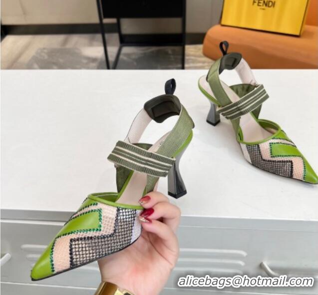 Charming Fendi Colibri Slingback Pumps 8.5cm in Green Leather and Canvas with Studs 0106074