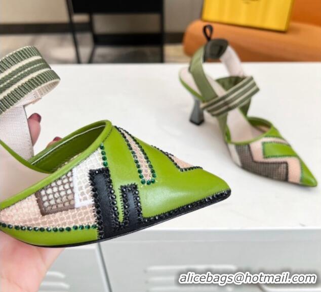 Charming Fendi Colibri Slingback Pumps 8.5cm in Green Leather and Canvas with Studs 0106074