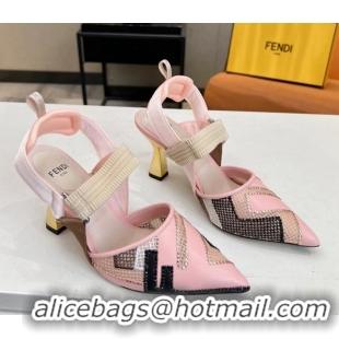 Good Quality Fendi Colibri Slingback Pumps 8.5cm in Leather and Canvas with Studs Light Pink 0106075