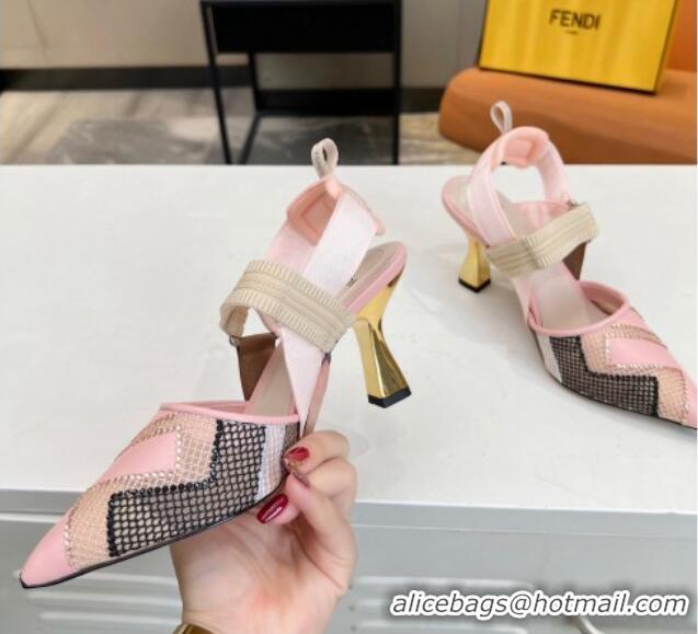 Good Quality Fendi Colibri Slingback Pumps 8.5cm in Leather and Canvas with Studs Light Pink 0106075